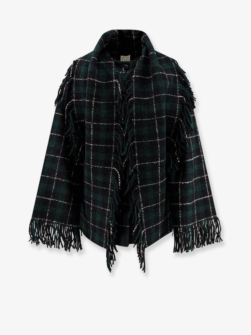 Toteme Toteme Fringed Scarf Madras Wool Coat Green - World Class Fashion
