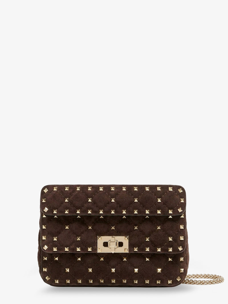 Valentino Garavani Valentino Garavani Rockstud Spike Suede Crossbody Bag Brown - World Class Fashion