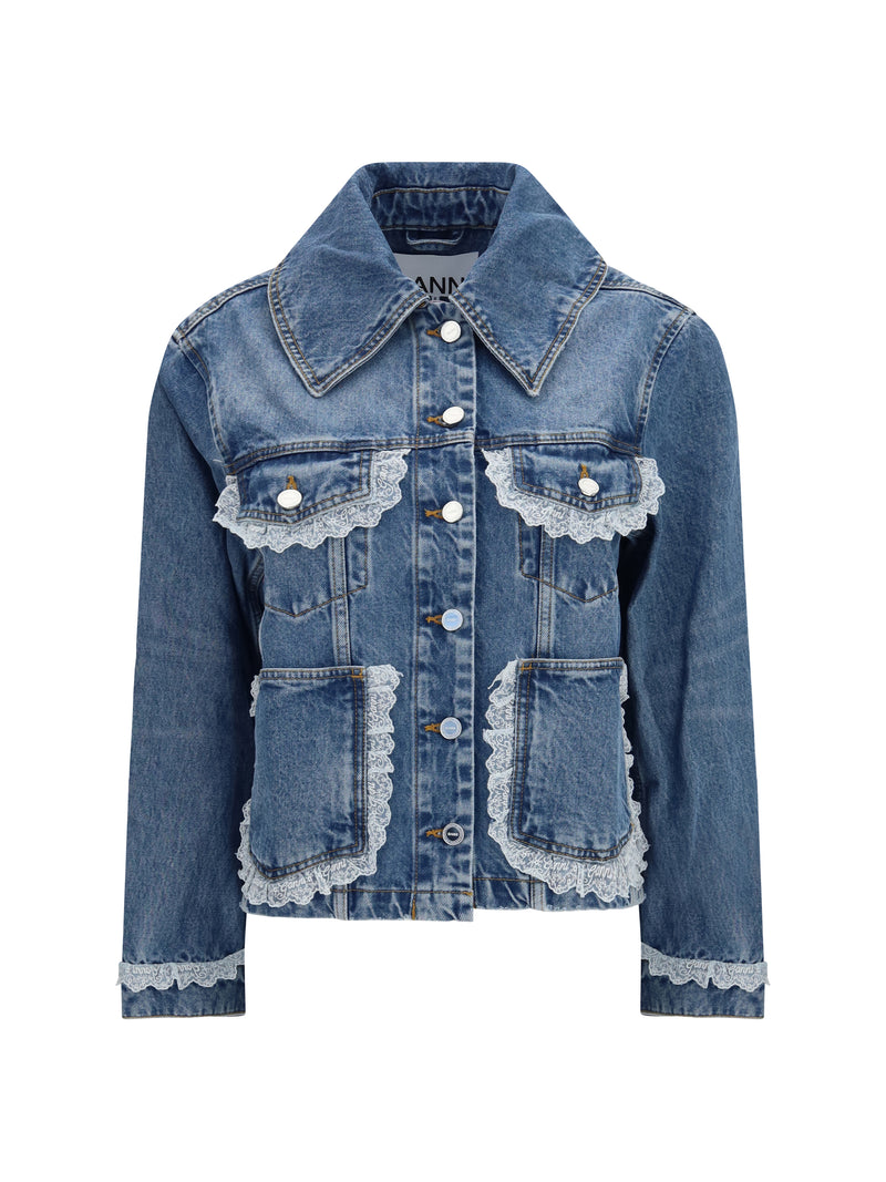 Ganni Ganni Rigid Denim Jacket with Lace Details Dark Blue - World Class Fashion