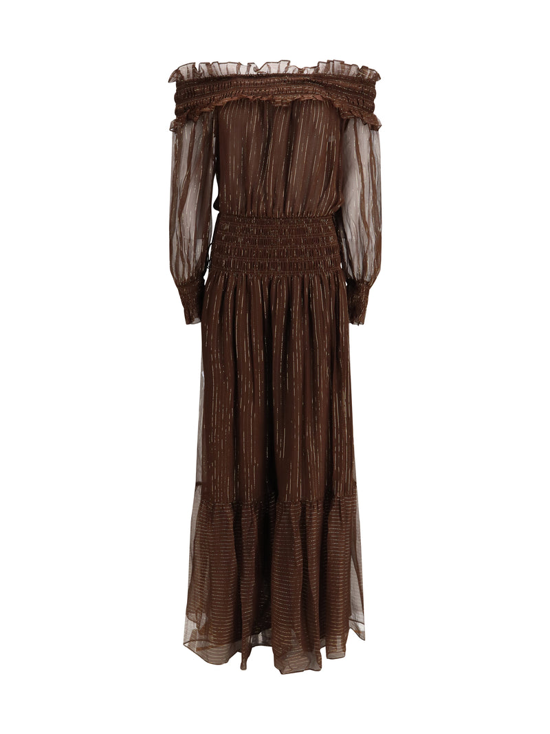 Self-portrait Self-portrait Georgette Off Shoulder Maxi Dress Brown - World Class Fashion