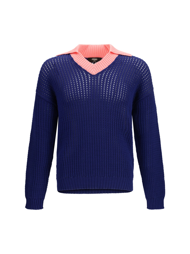 Fendi Fendi Ribbed V-neck Sweater with FF Motif Blu Ink+Peonia - World Class Fashion