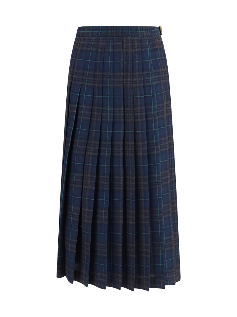 Burberry Burberry Pleated Check Wool-blend Skirt Dark Clay Blue - World Class Fashion