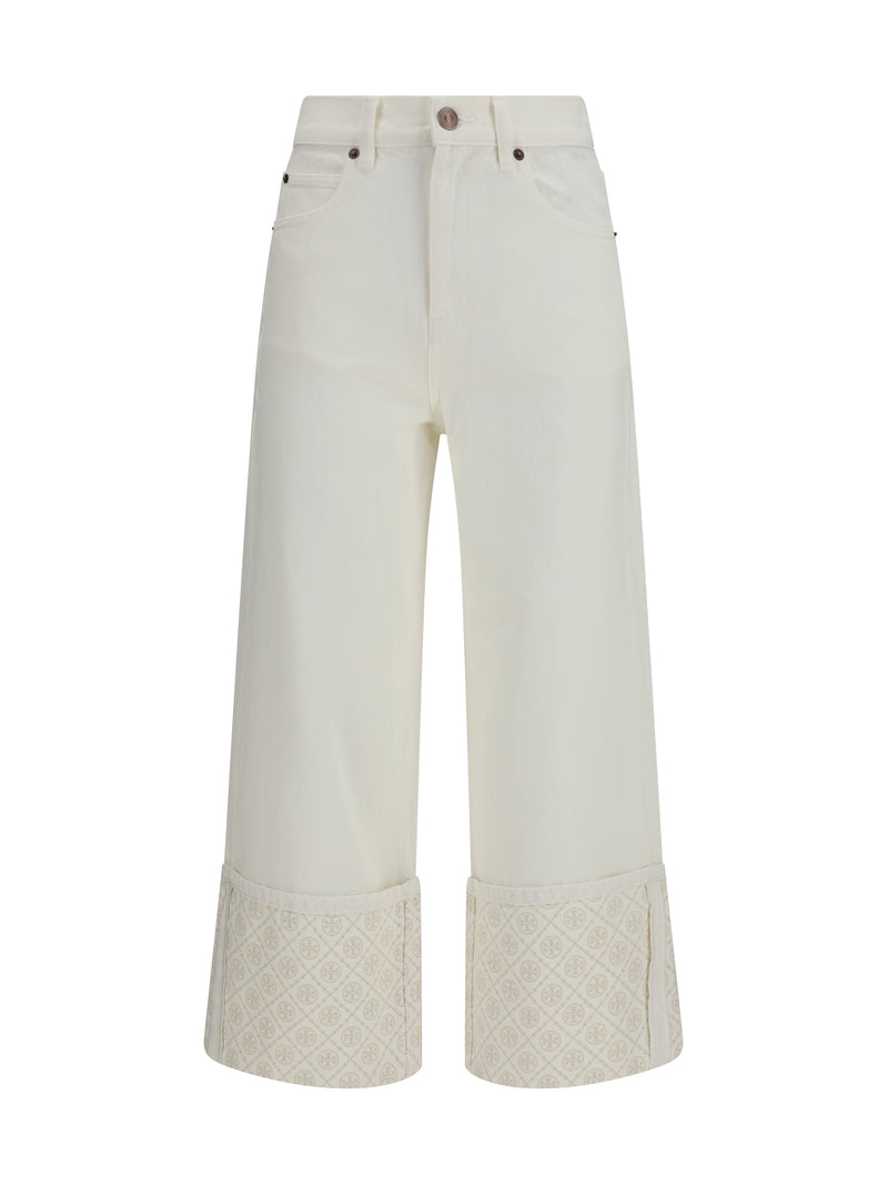 Tory Burch Tory Burch T Monogram Contrast Cuff Jeans White - World Class Fashion