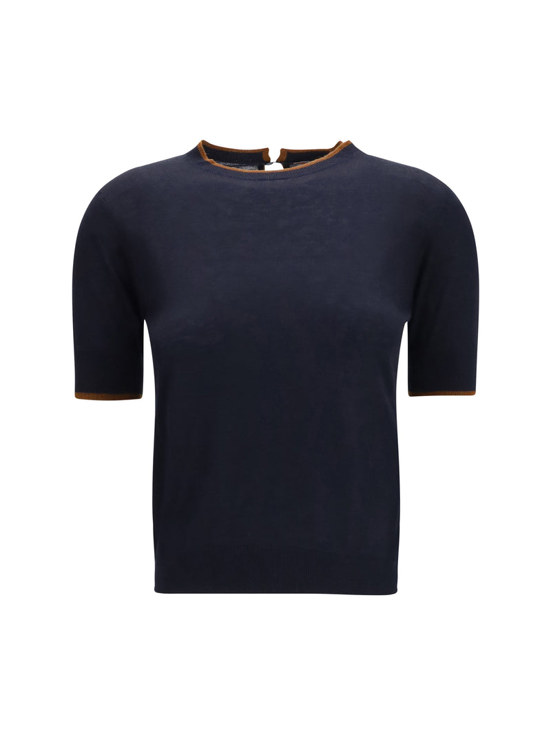 Max Mara Studio Max Mara Studio Silk and Wool T-shirt Blue/Cuoio - World Class Fashion