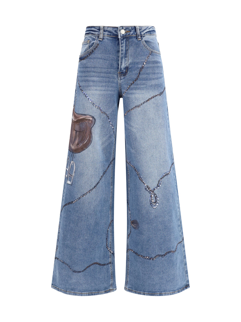 Ella Ella Palazzo Long Painted Jeans Denim Blue - World Class Fashion