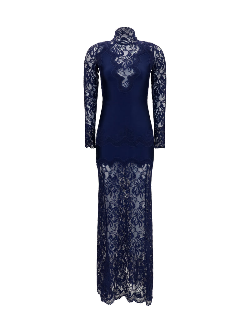 Rabanne Rabanne Long Lace and Jersey Dress Deep Navy - World Class Fashion