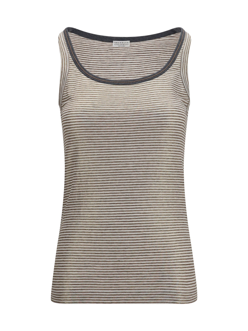 Brunello Cucinelli Brunello Cucinelli Striped Linen Lamé Tank Top Tabacco - World Class Fashion