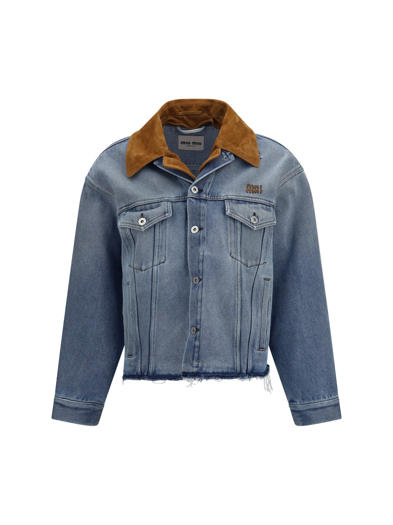 Miu Miu Miu Miu Washed Denim and Suede Jacket Blue - World Class Fashion