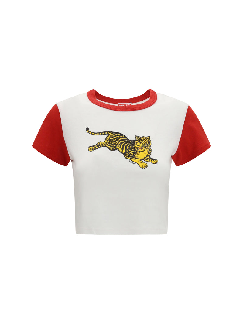 Kenzo Kenzo Jumping Tiger Cropped Cotton T-shirt Off White - World Class Fashion
