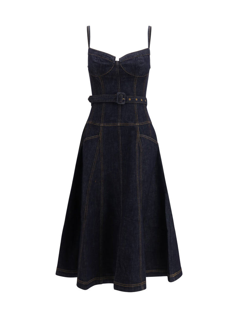 Self-portrait Vestido midi Self-Portrait vaquero acampanado azul - World Class Fashion