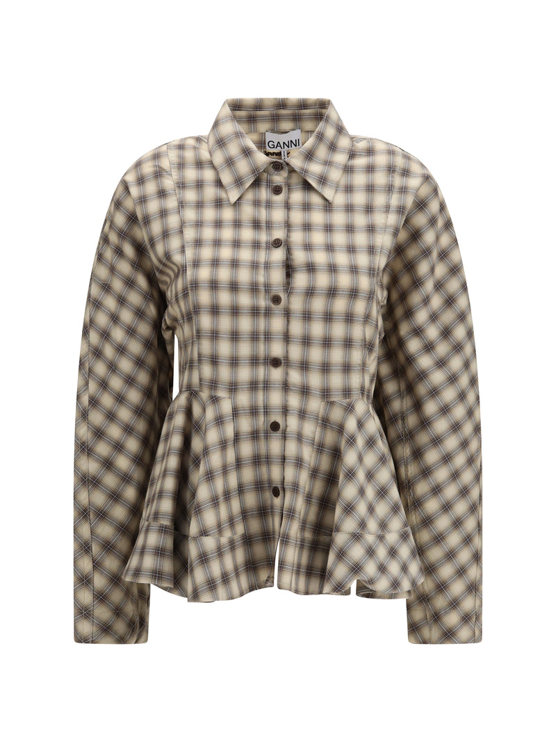 Ganni Ganni Check Flannel Peplum Shirt Oyster Gray - World Class Fashion