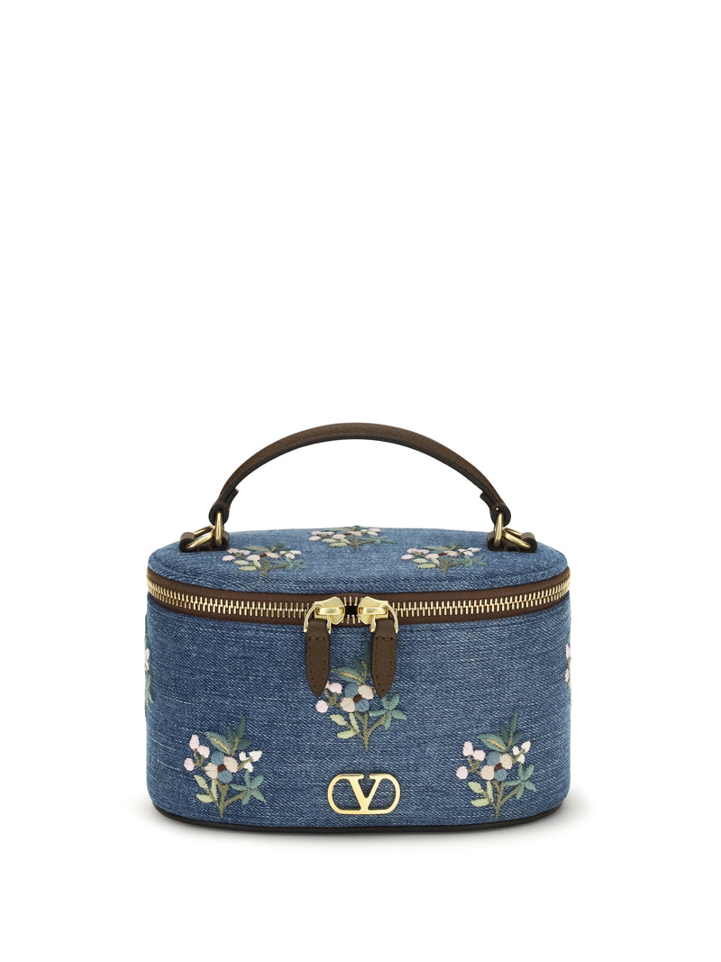 Valentino Garavani Valentino Garavani Vlogo Denim Vanity Bag Floral Embroidery - World Class Fashion