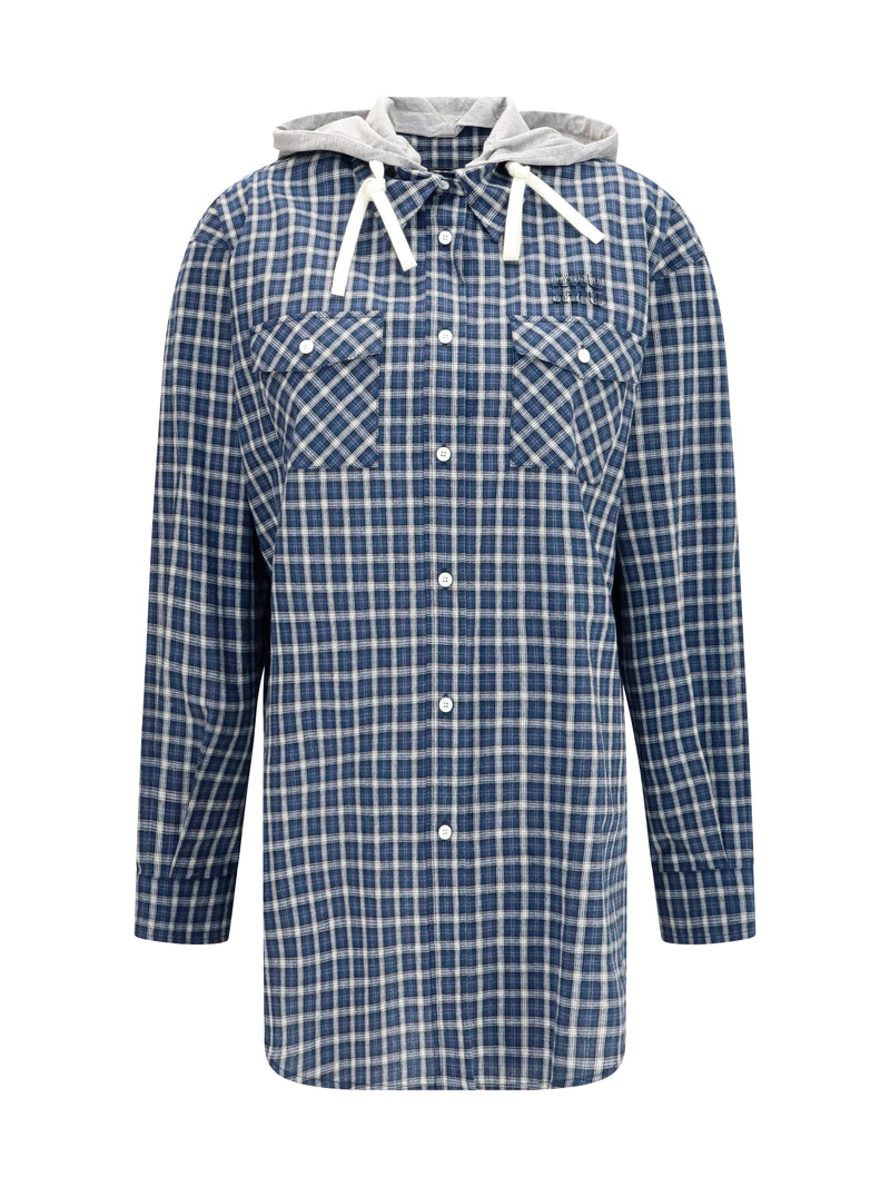 Miu Miu Miu Miu Checked Hooded Shirt Blue/White Women - World Class Fashion