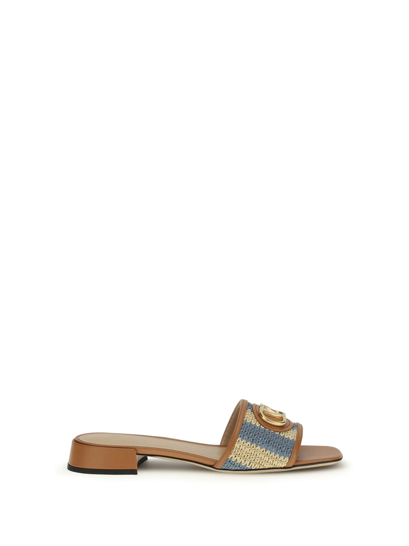Valentino Garavani Valentino Garavani VLogo Raffia Slide Sandals Naturale-Azzurro - World Class Fashion