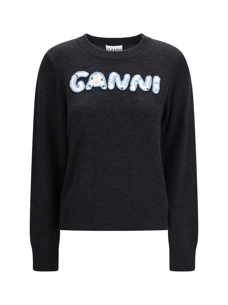 Ganni Ganni Crochet Appliqué Merino Sweater Phantom - World Class Fashion