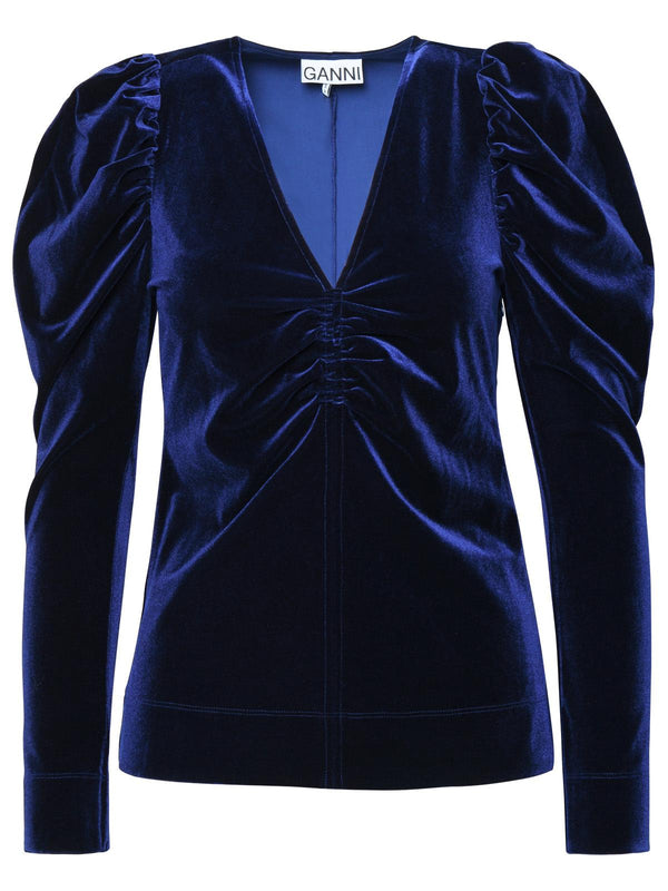 Ganni Blue Velvet Jersey Blouse