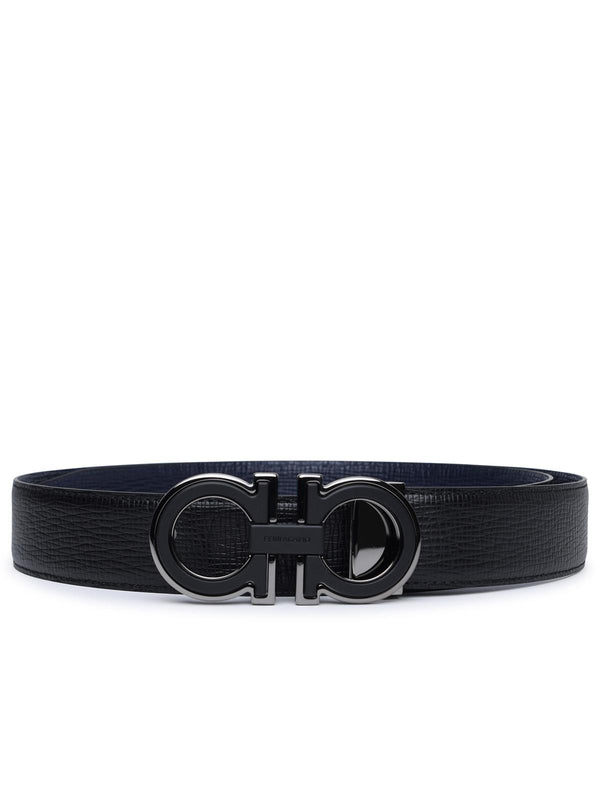 Salvatore Ferragamo 'gancini' Black And Blue Calf Leather Reversible Belt