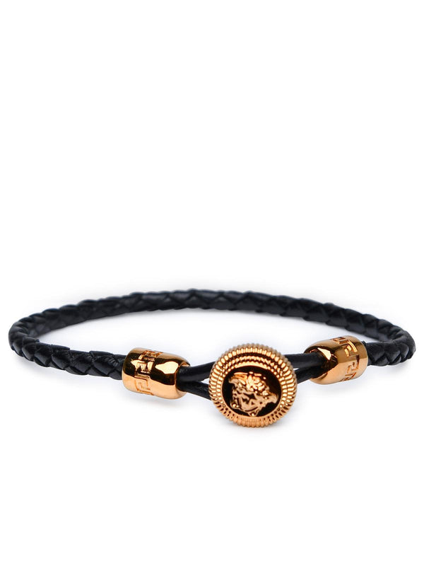 Versace 'medusa Biggie' Black Leather And Metal Bracelet