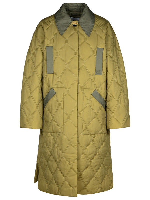 Ganni Quilted Coat In Green Polyamide