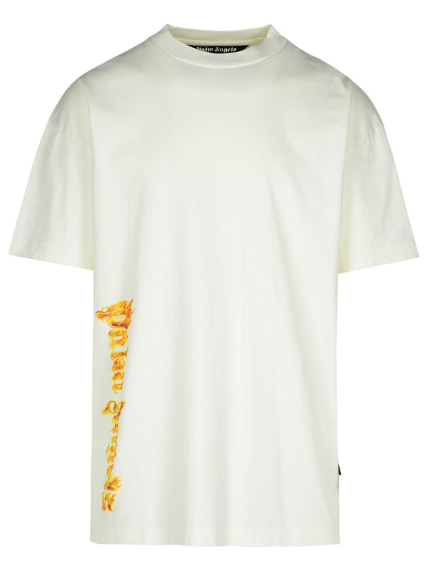 Palm Angels 'burning Palm' Cream Cotton T-shirt