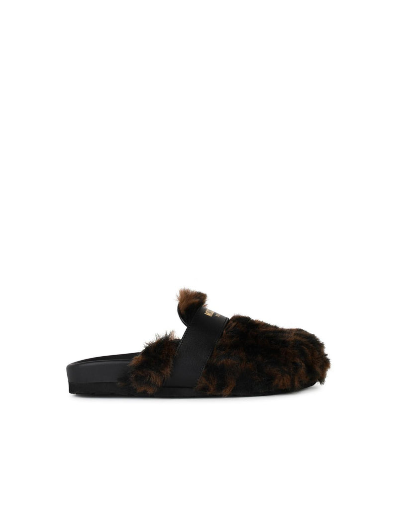 Moschino Logo Pantuflas Moschino con logo de mezcla de cuero marrón para mujer - World Class Fashion