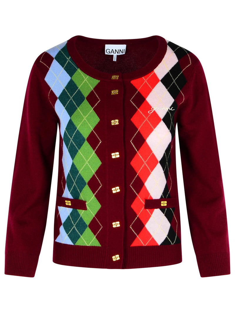 Ganni Ganni Burgundy Merino Wool Blend Check Cardigan - World Class Fashion