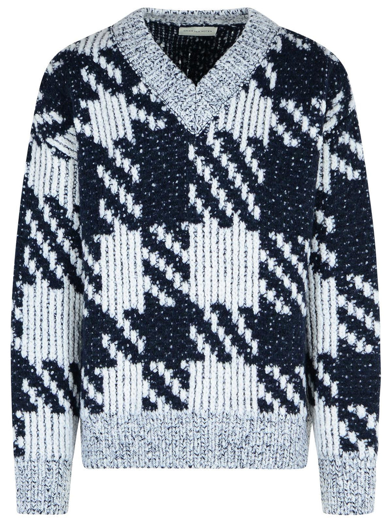 Dries Van Noten Dries Van Noten White And Navy 'MACAO' Wool And Alpaca Sweater - World Class Fashion