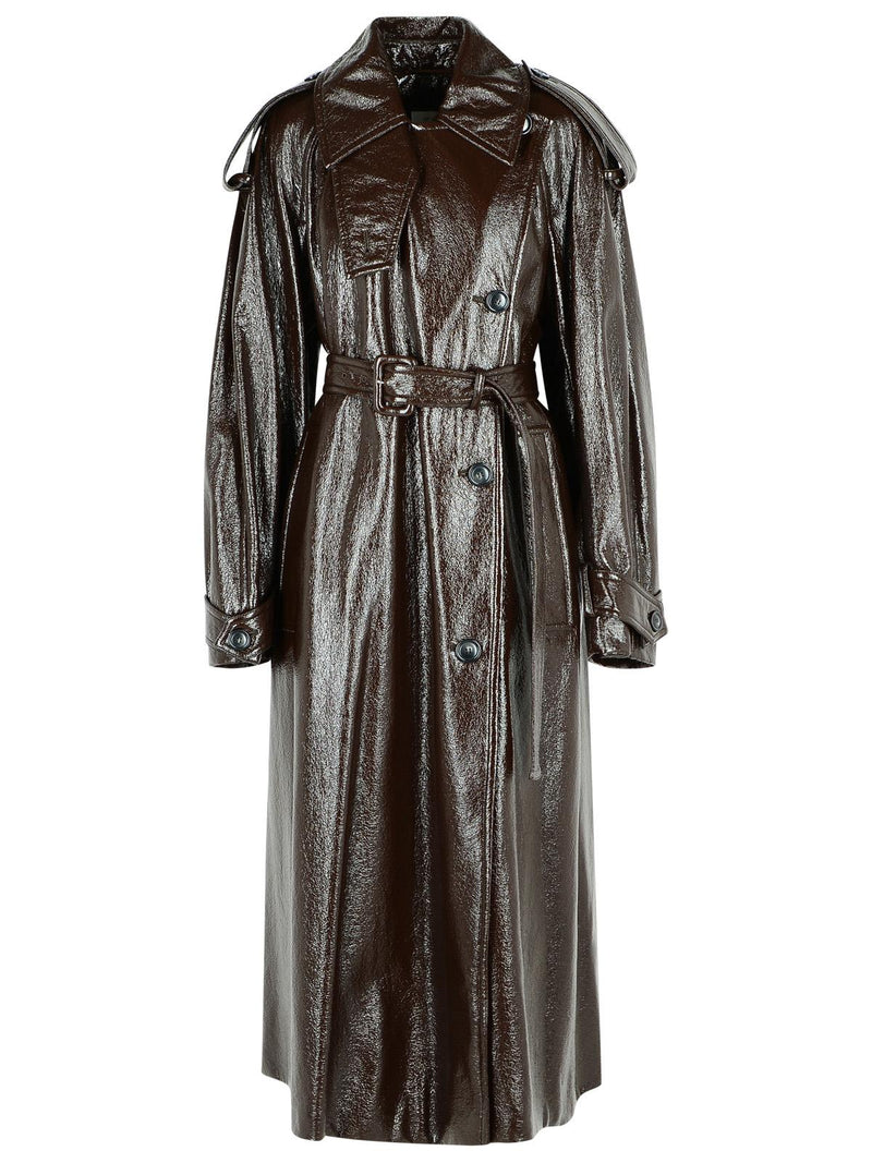 Sportmax Sportmax Long 'BAIRO' Patent Effect Trench Coat In Coffee Cotton - World Class Fashion
