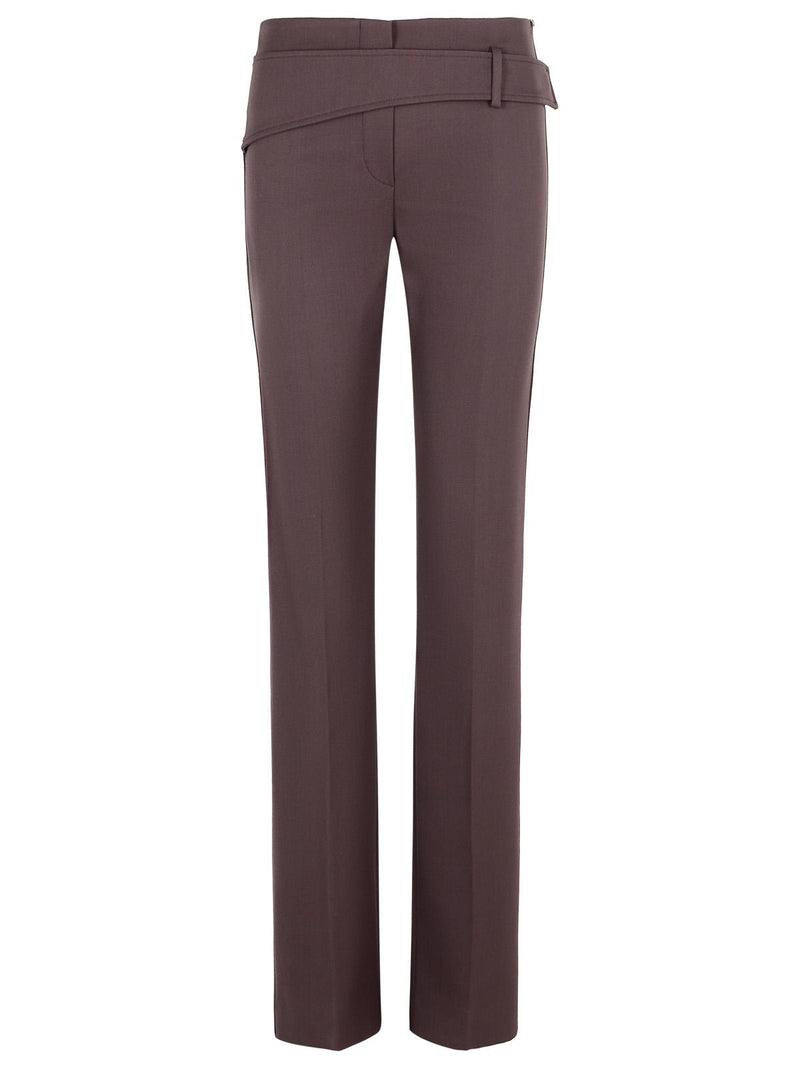 Sportmax Sportmax 'BANDA' Slim Trousers With Asymmetric Belt In Coffee Virgin Wool Blend - World Class Fashion
