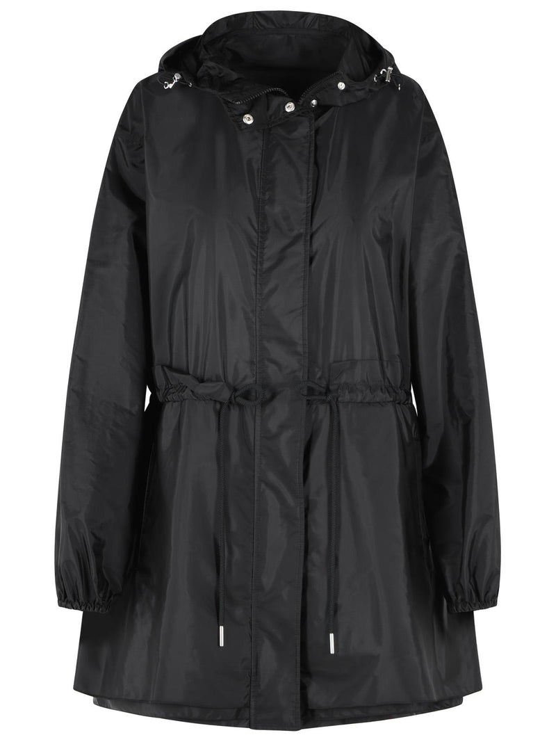 Moncler Moncler Weteau Black Nylon Midi Jacket with Hood and Ruffles - World Class Fashion