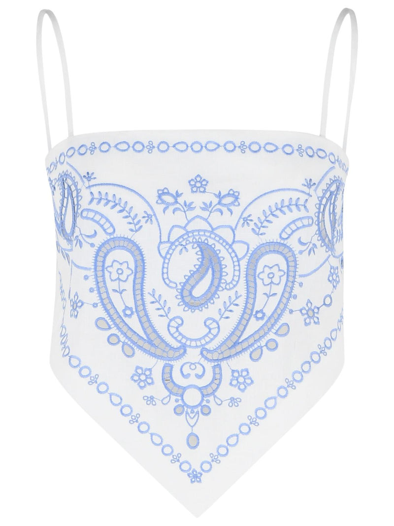 Self-Portrait Self-Portrait Embroidered Top White Blue Linen Blend - World Class Fashion