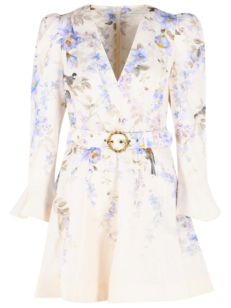 Zimmermann Zimmermann LUNA Plunge Cream Linen Mini Dress - World Class Fashion
