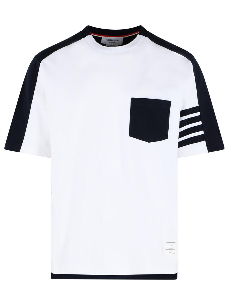 Thom Browne Thom Browne 'COLORBLOCK 4 Bar' White And Navy Cotton T-shirt - World Class Fashion