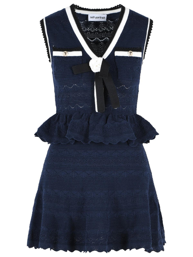 Self-Portrait Self-Portrait Navy Cotton Blend Openwork Knit Mini Dress - World Class Fashion