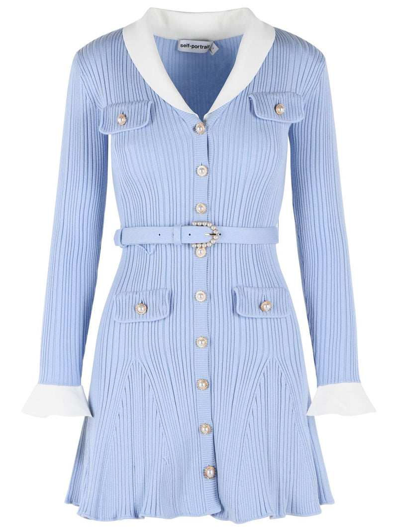 Self-Portrait Self-Portrait Ribbed Mini Dress Light Blue - World Class Fashion