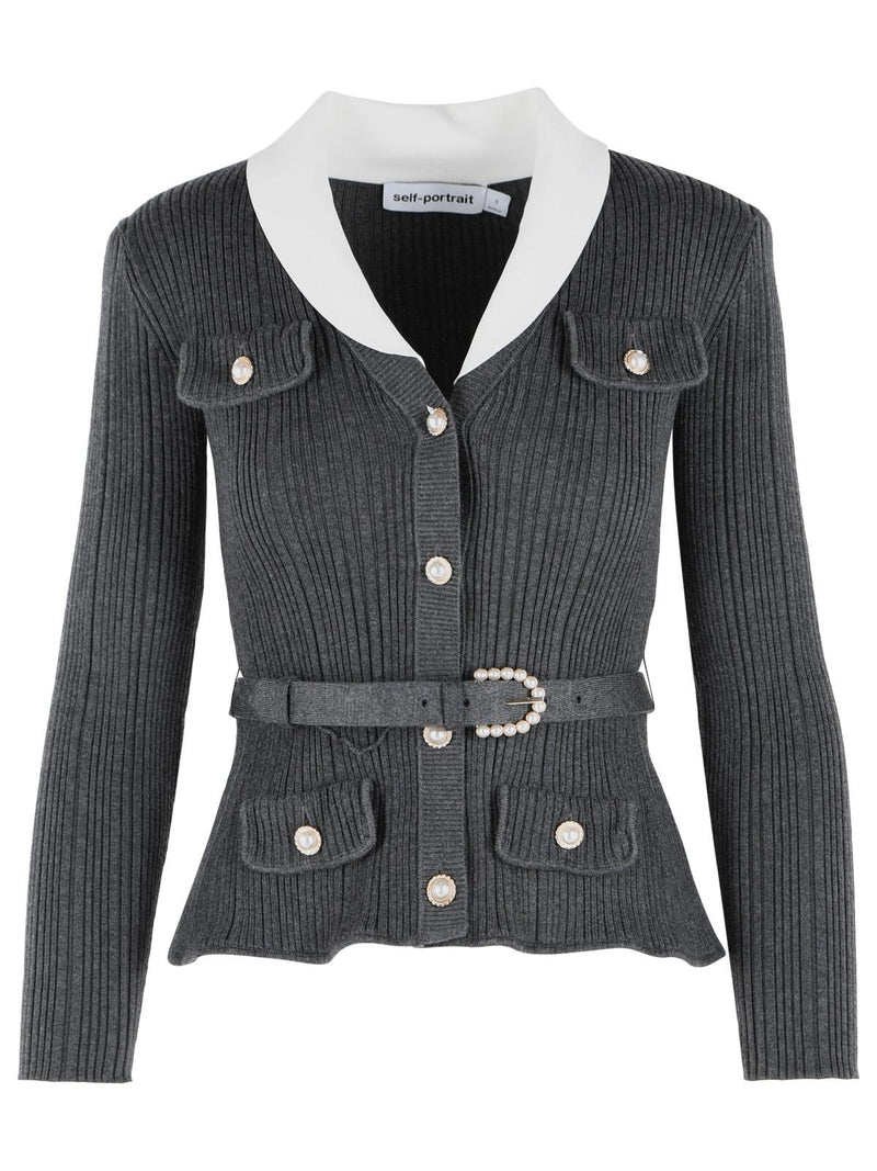 Self-Portrait Self Portrait Ribbed Cardigan In Grey Viscose Blend - World Class Fashion