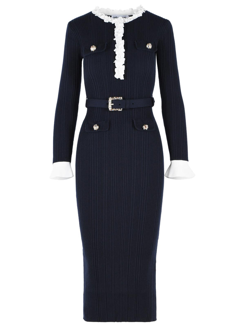 Self-Portrait Self-Portrait Flower Midi Dress Navy Wool Blend - World Class Fashion