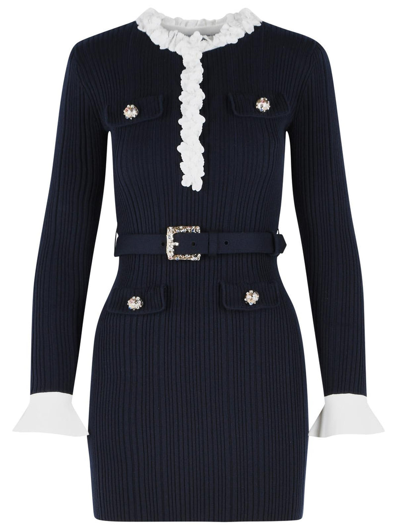 Self-Portrait Self Portrait 'FLOWER' Mini Dress In Navy Wool Blend - World Class Fashion