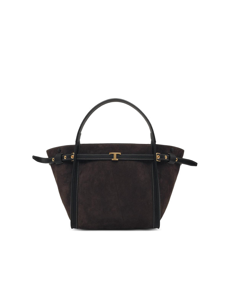 Tod’s Tod's T Signature Dark Brown Suede Women Shopping Bag - World Class Fashion