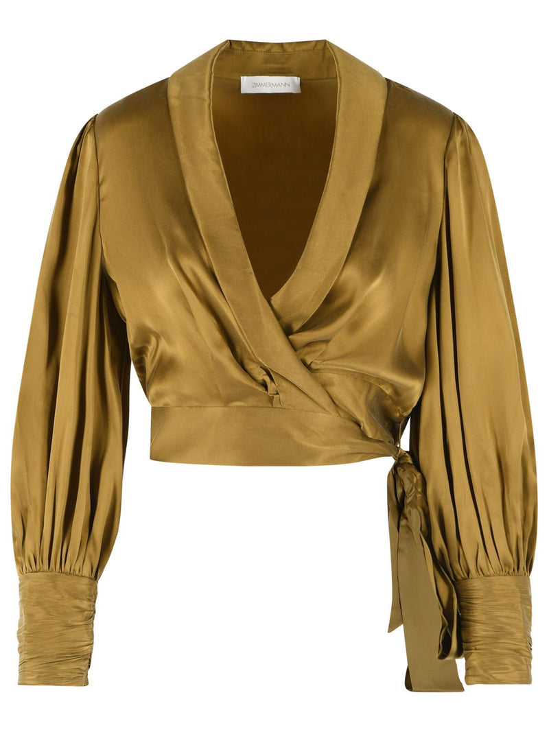 Zimmermann Zimmermann 'CROP Wrap' Olive Silk Blouse - World Class Fashion