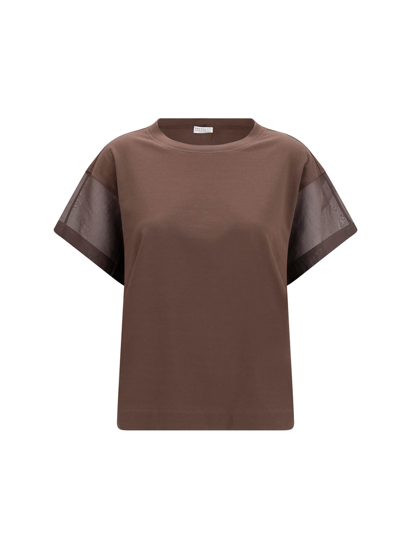 Brunello Cucinelli Brunello Cucinelli Camiseta de Algodón con Mangas Transparentes Marrón Oscuro - World Class Fashion