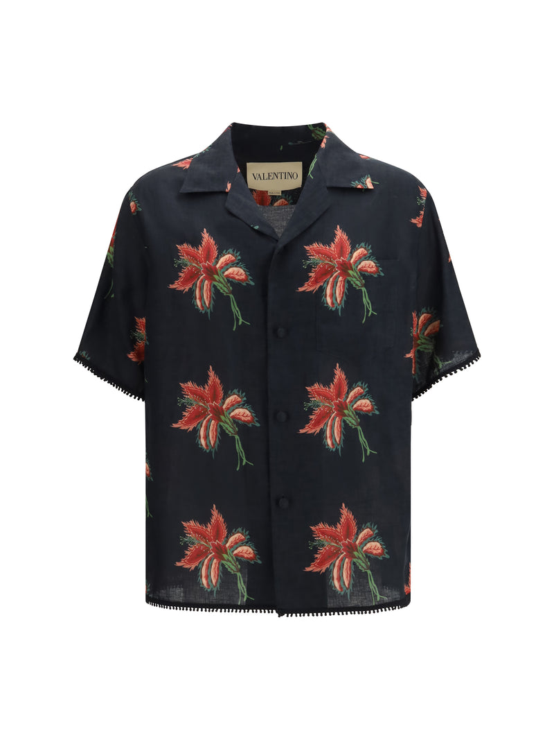 Valentino Valentino Papier Floral Print Linen Shirt Nero/Magenta - World Class Fashion