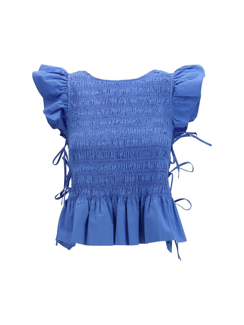 Ganni Ganni Ruched Cotton Top with Side Bows Marina - World Class Fashion