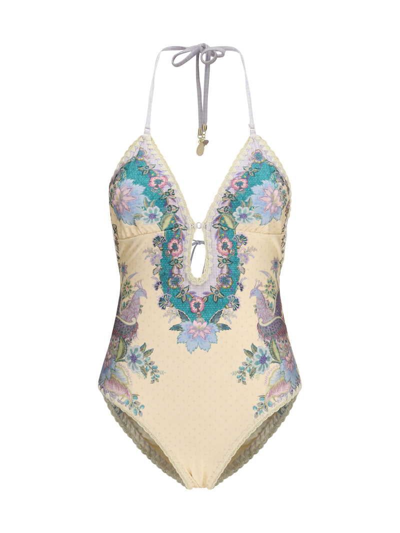 Zimmermann Zimmermann Indra Traje de baño con detalle de crochet Color crema Pañuelo floral - World Class Fashion