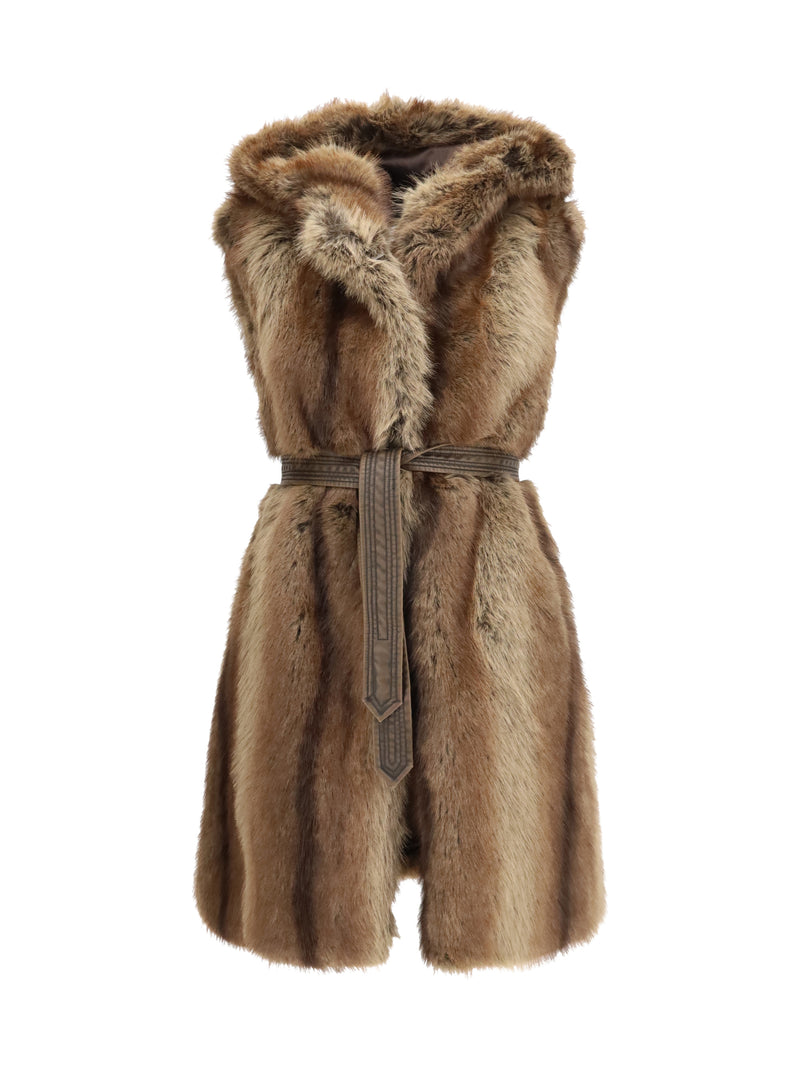 Pinko Pinko Galearis Faux Fur Hooded Vest Beige - World Class Fashion
