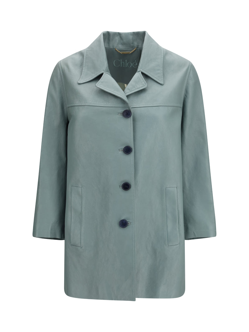 Chloe Chloé Long Lambskin Leather Jacket Faded Blue - World Class Fashion