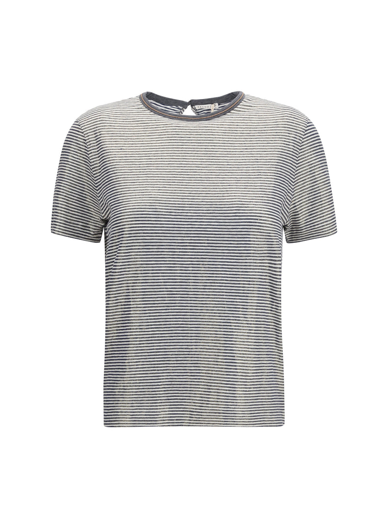 Brunello Cucinelli Brunello Cucinelli Striped Crewneck T-shirt BLU/PANAMA/ORO - World Class Fashion