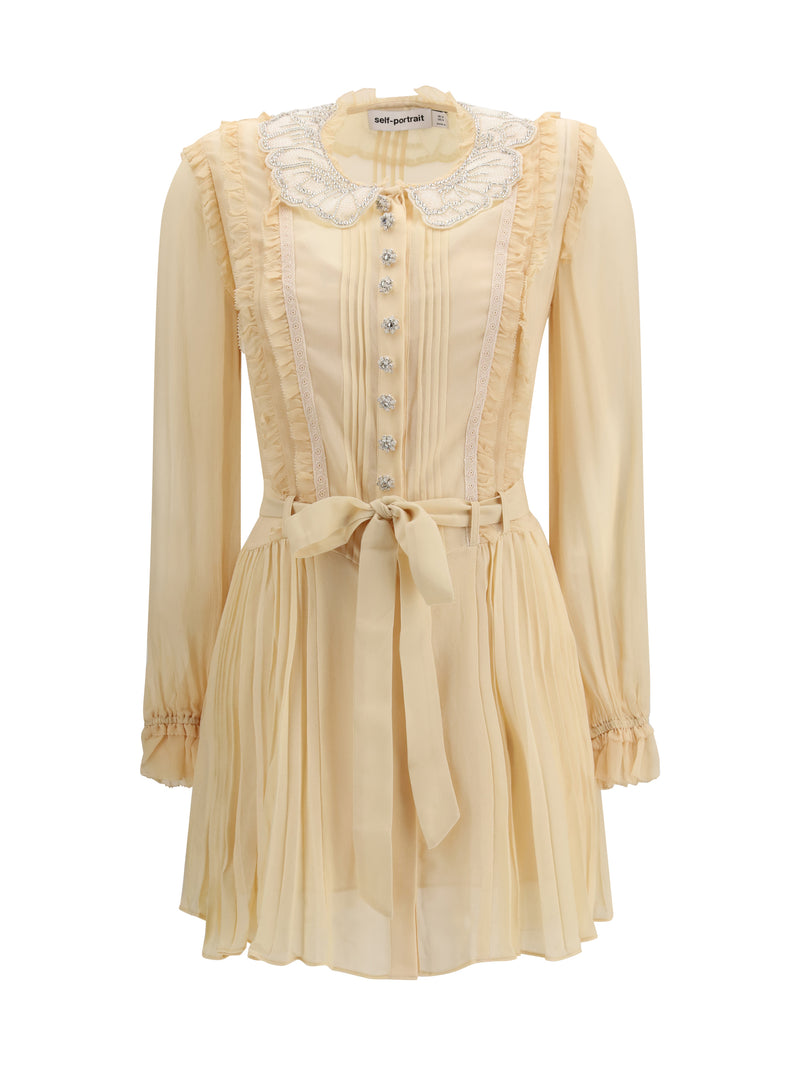 Self-portrait Self-portrait Pleated Georgette Mini Dress Tan - World Class Fashion