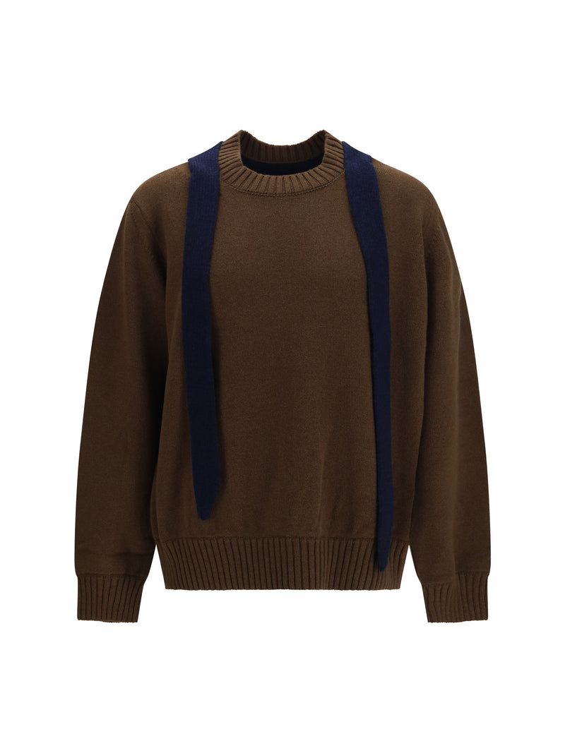 Sacai Sacai Wool Knit Cardigan with Scarf Brown Navy - World Class Fashion