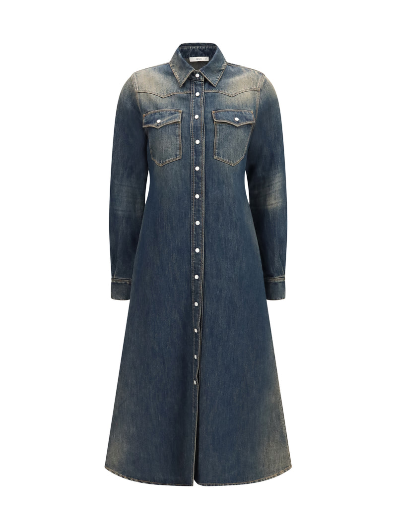 Fendi Fendi Long Denim Dress Medium Wash Blue - World Class Fashion